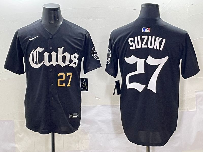 Men 2025 Chicago Cubs 27 Suzuki Black Five generations Joint Name Nike MLB Jersey style 2